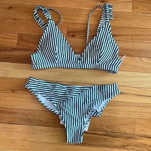 Cupshe Two Piece Green + White Striped Bikini Bathing Suit